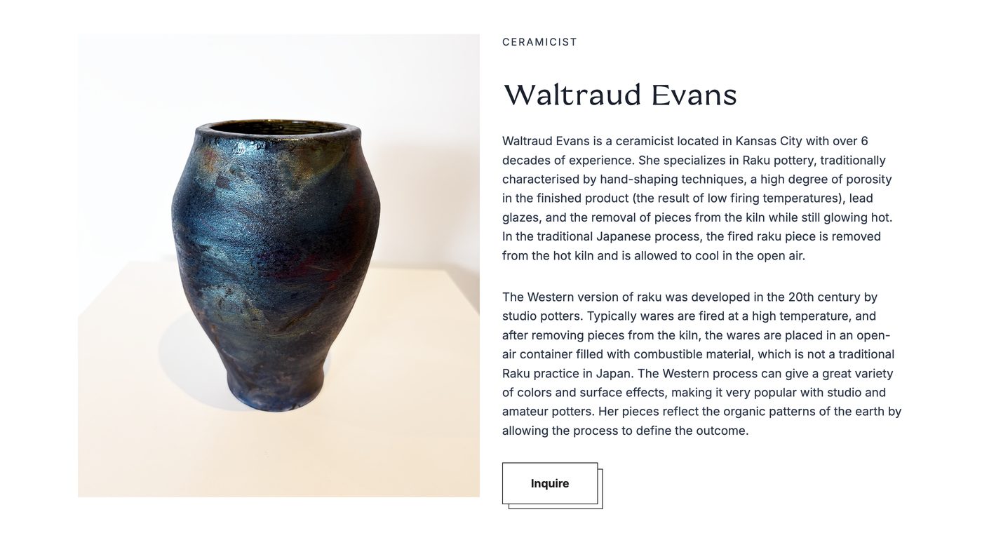Artist page header on leawoodfineart.com, with a large photograph of a raku vase beside the artist biography