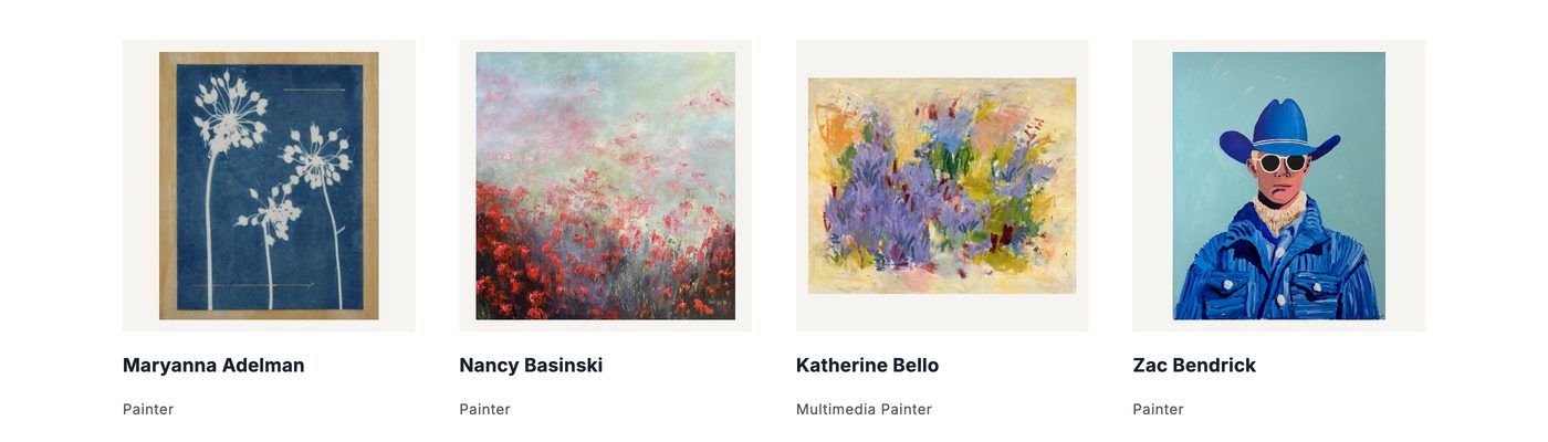 The represented artists index on leawoodfineart.com, showing four artists with a sample work and discipline for each