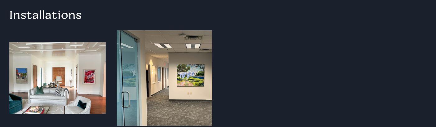 The Installations section of an artist page, showing two photographs of paintings hung in a living room and an office corridor