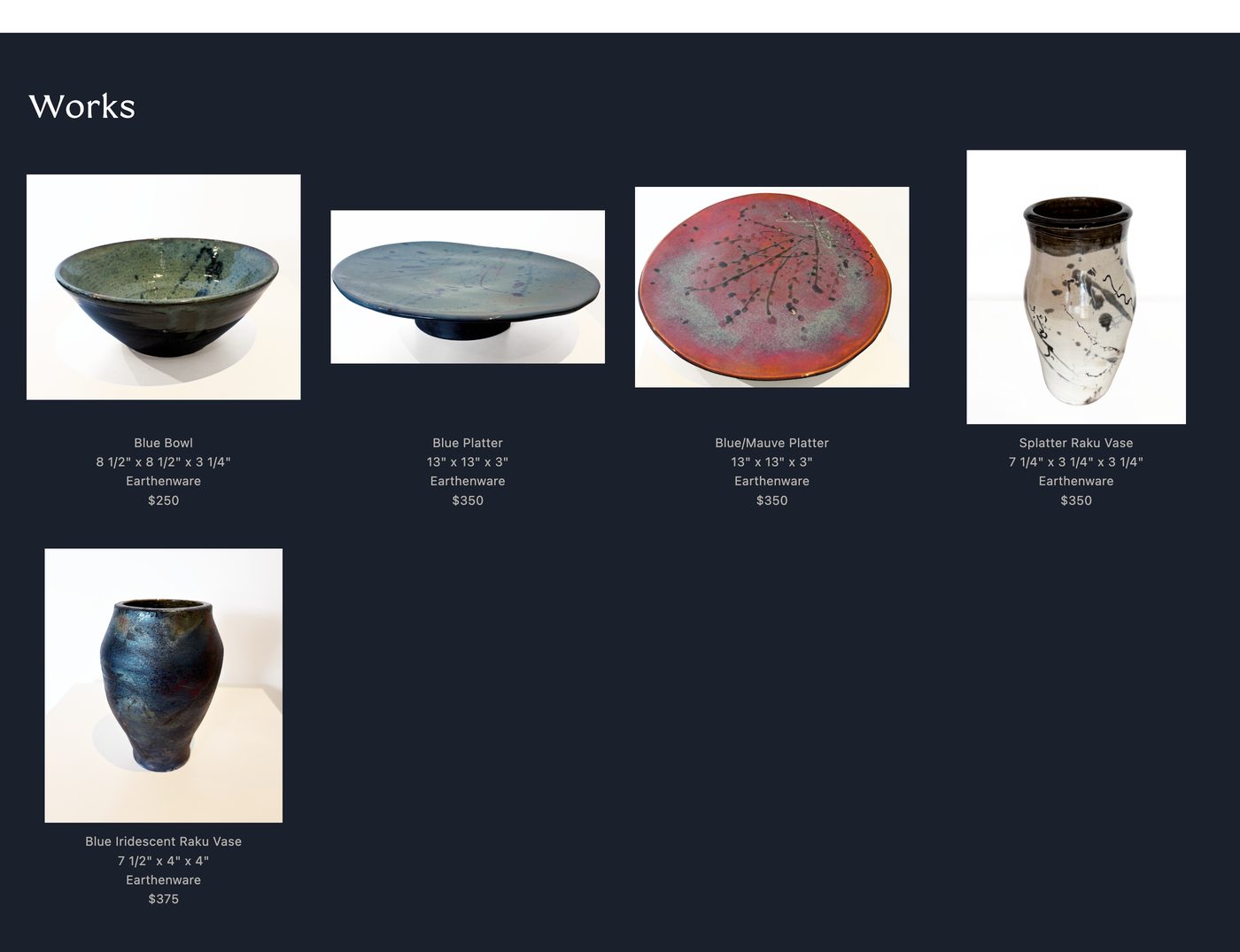 An artist page on leawoodfineart.com listing five ceramic works, each captioned with title, dimensions, medium and price